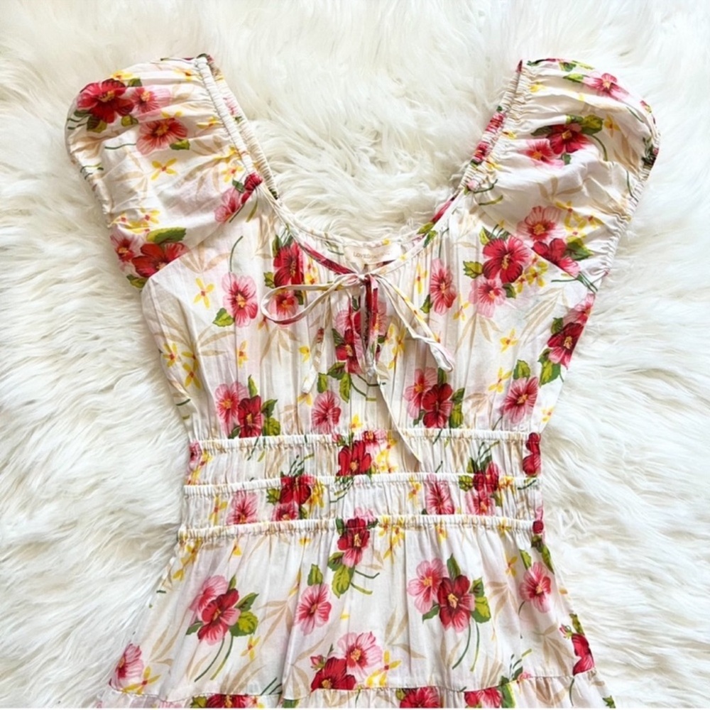 New! LoveShackFancy Magdalene Floral Ruffle Cotton Midi Dress in Pink Hibiscus - Picture 11 of 16